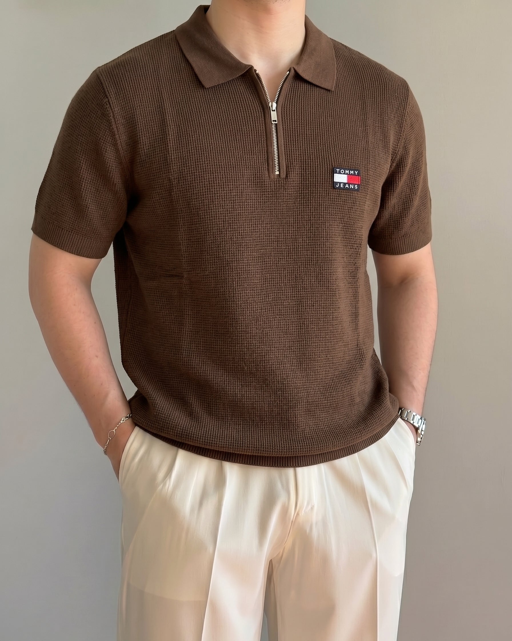 Tommy Hilfiger Kahve Petekli Triko Döküm Yakalı