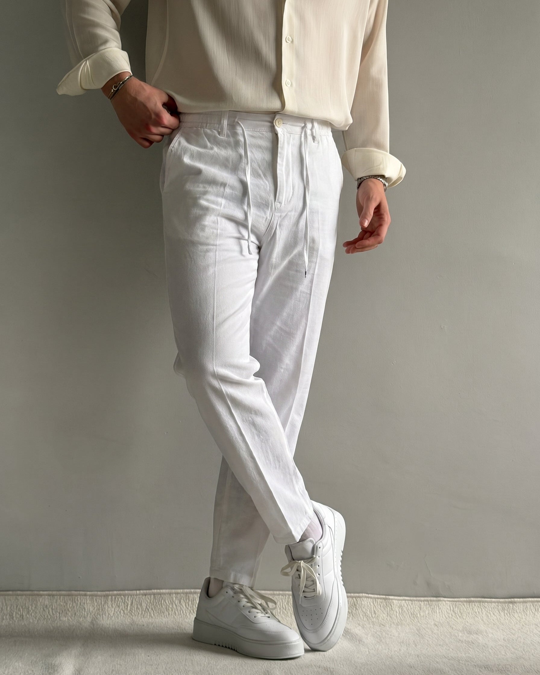 Luxury Regular Kalıp İpli Beyaz Keten Pantolon