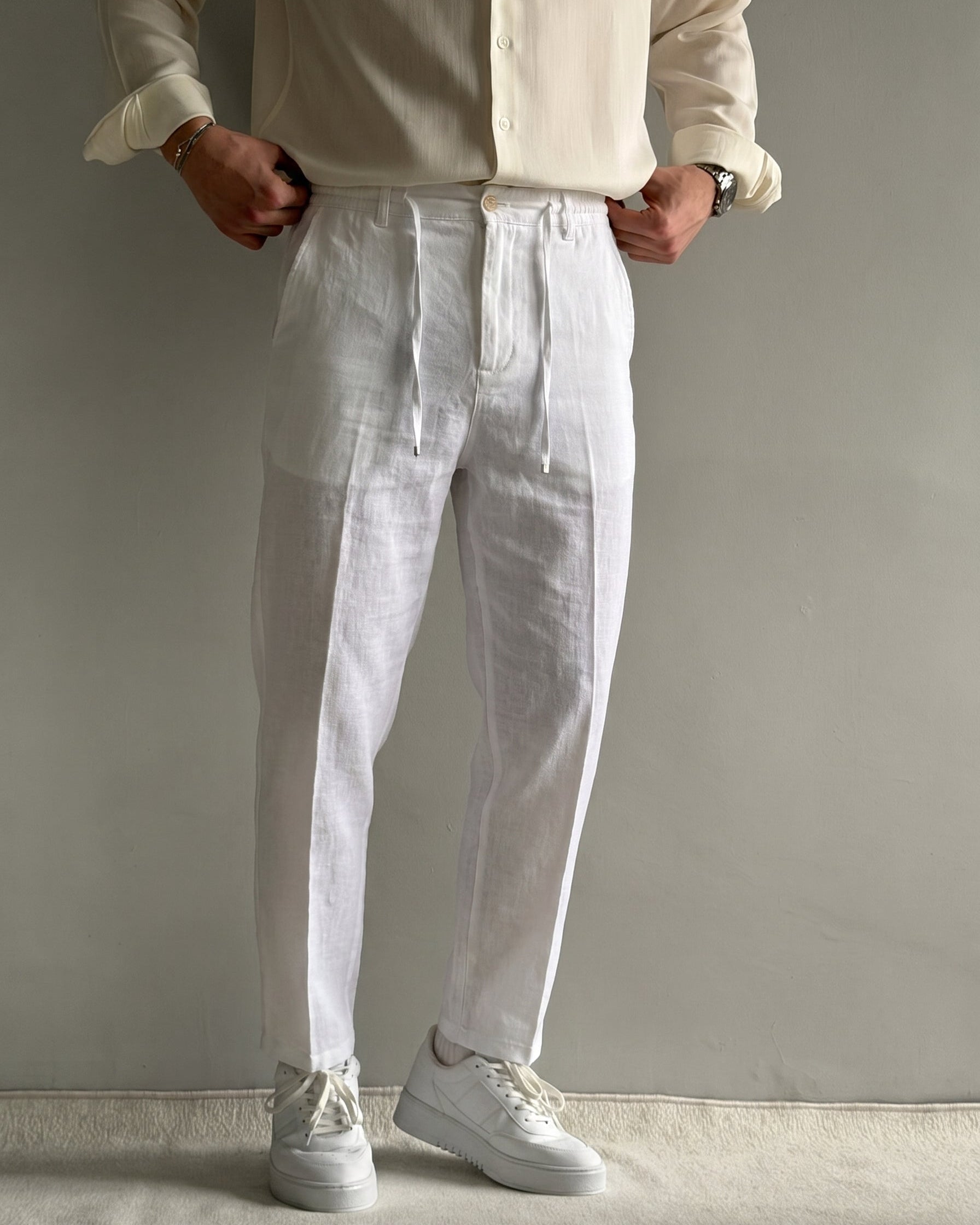 Luxury Regular Kalıp İpli Beyaz Keten Pantolon
