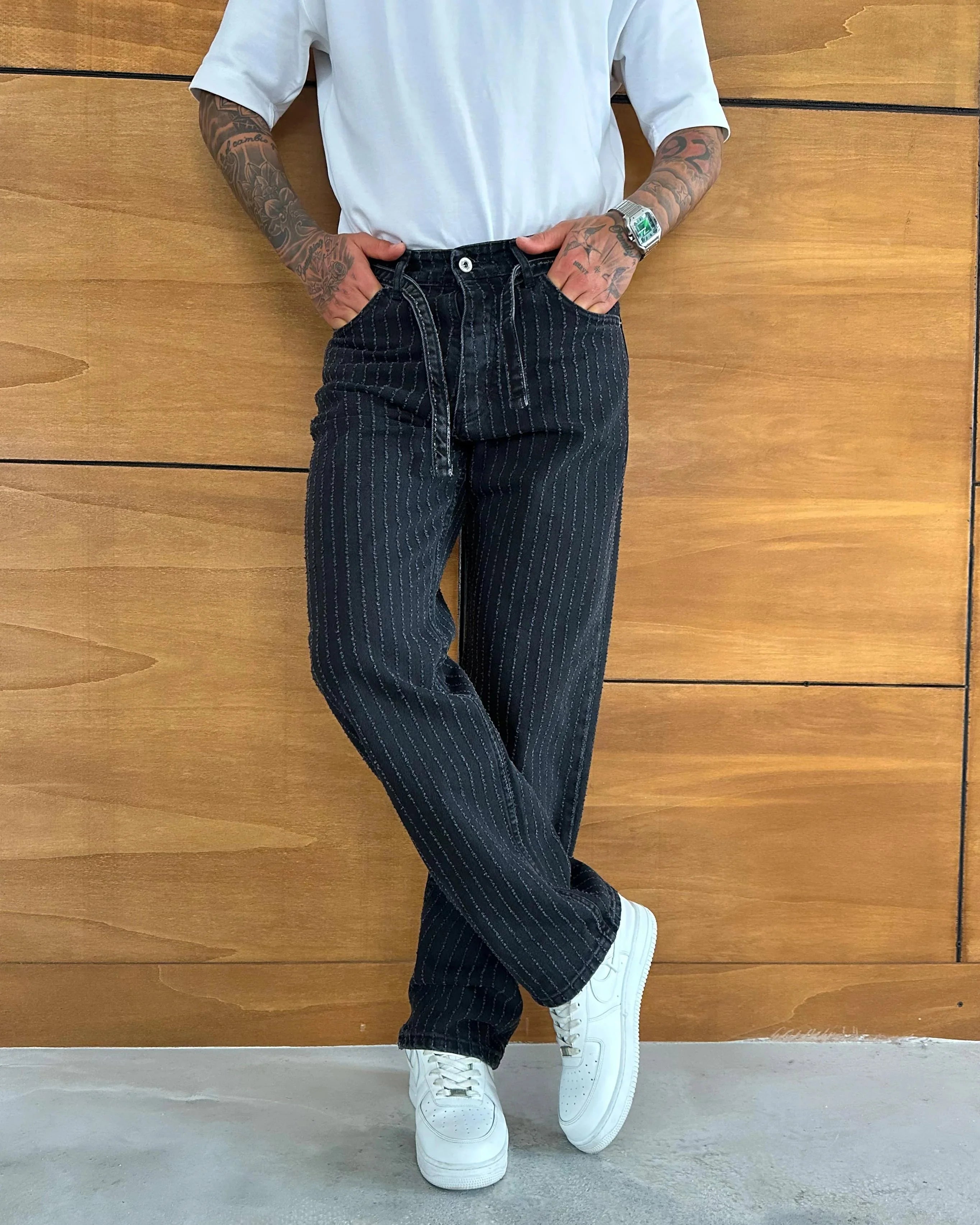 Kemer Detaylı Siyah Çizgi Baggy Pantolon