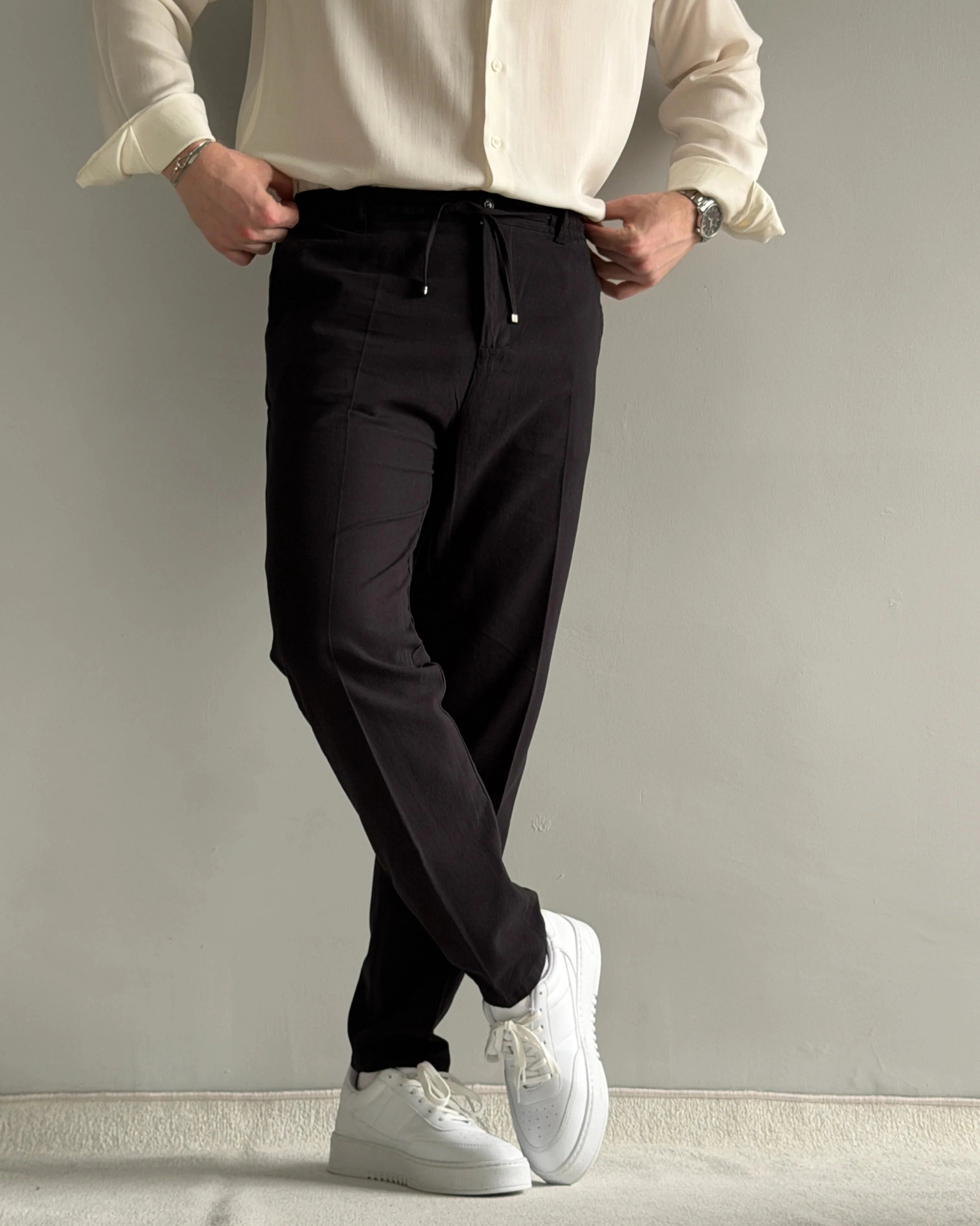 Luxury Regular Kalıp İpli Siyah Keten Pantolon