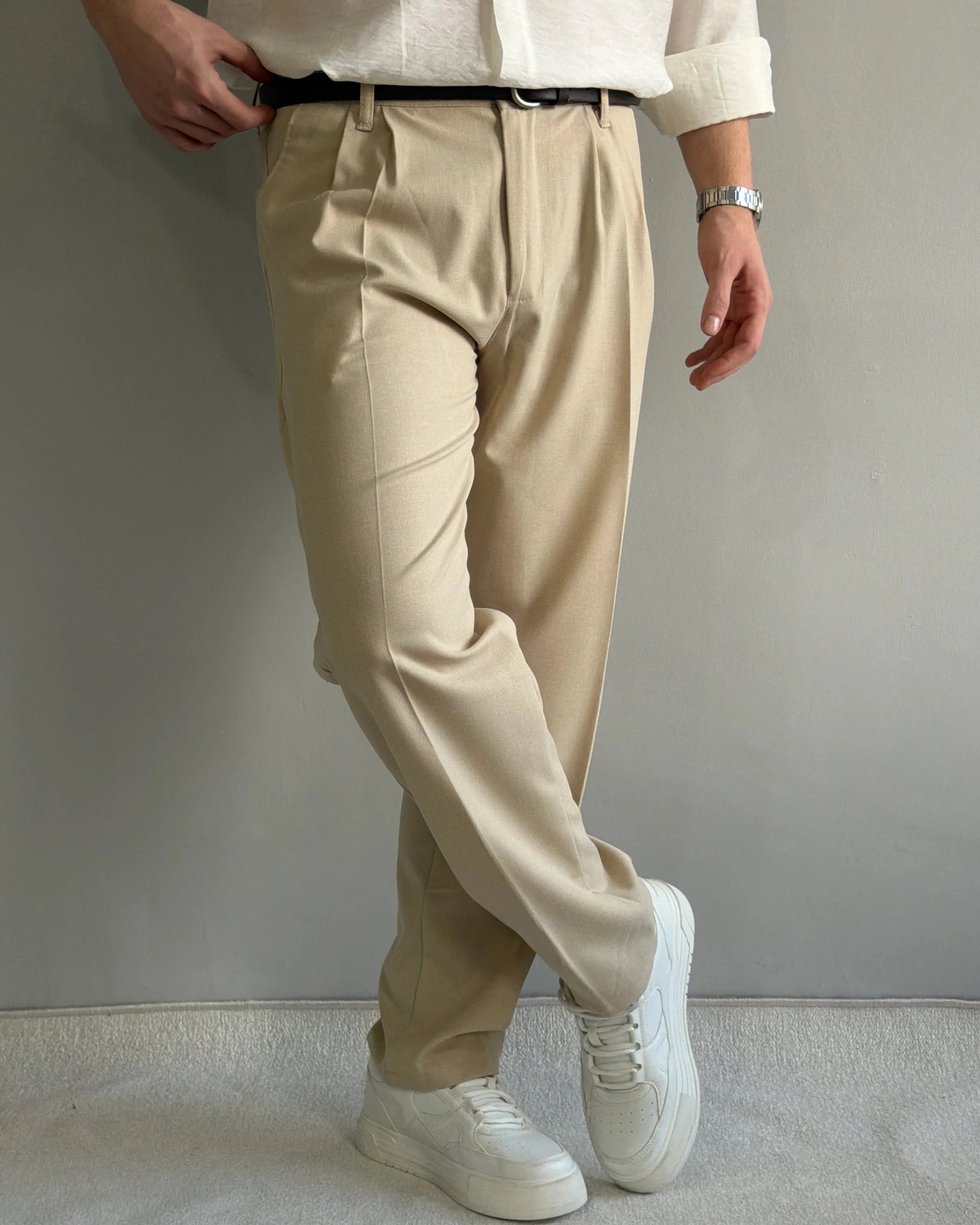 Baggy Kalıp Beli Lastikli Pileli Bej Kumaş Pantolon