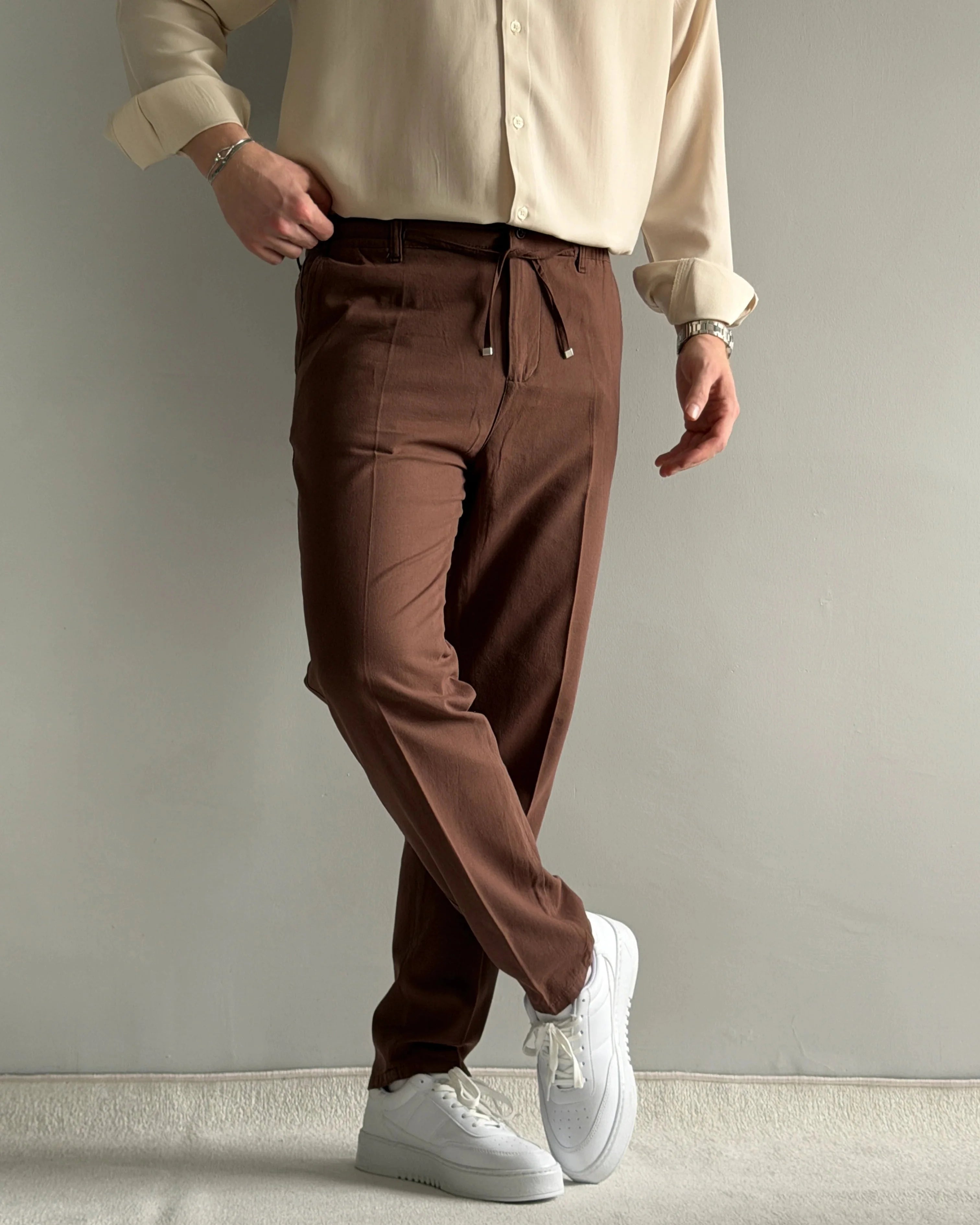 Luxury Regular Kalıp İpli Kahve Keten Pantolon