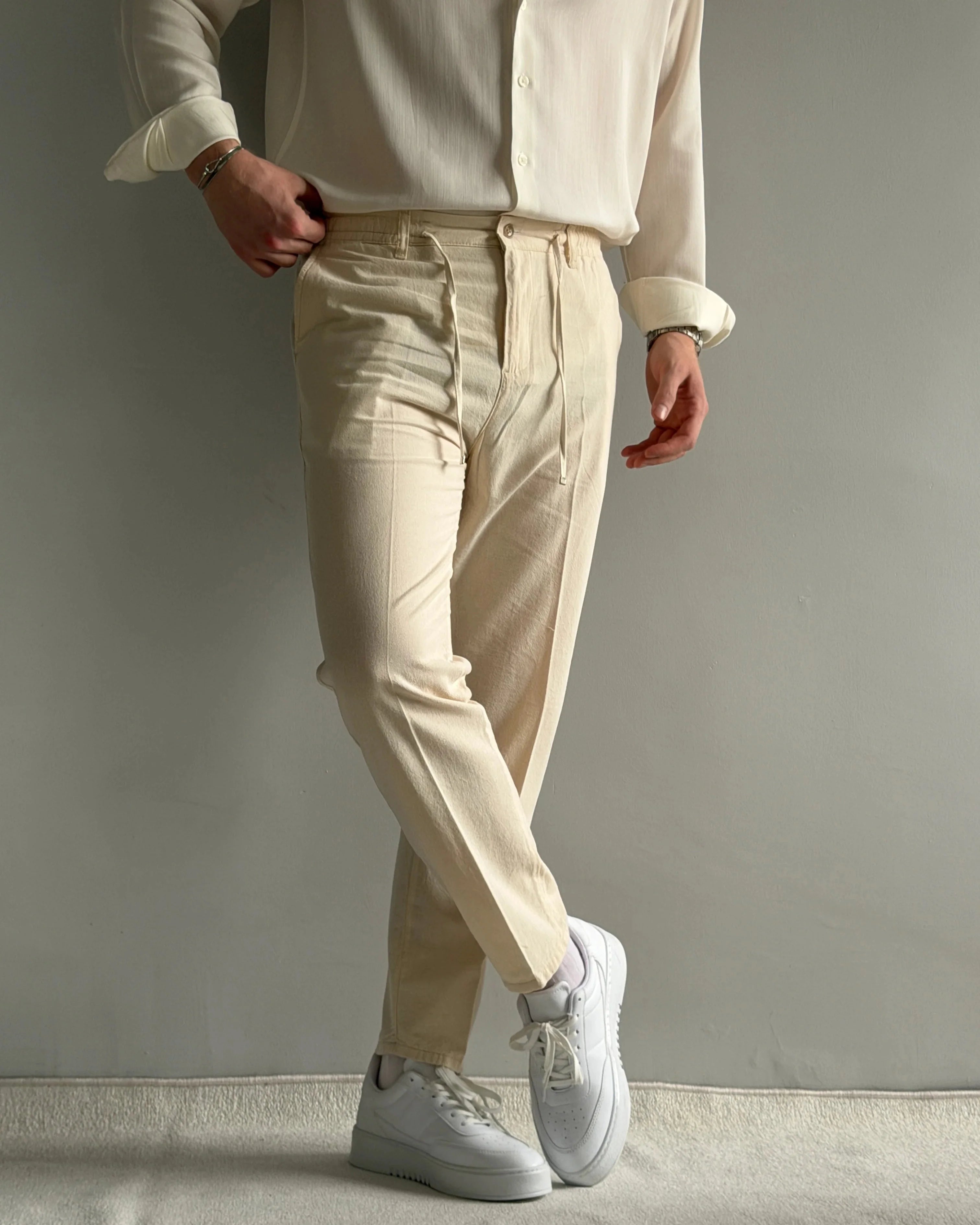 Luxury Regular Kalıp İpli Krem Keten Pantolon
