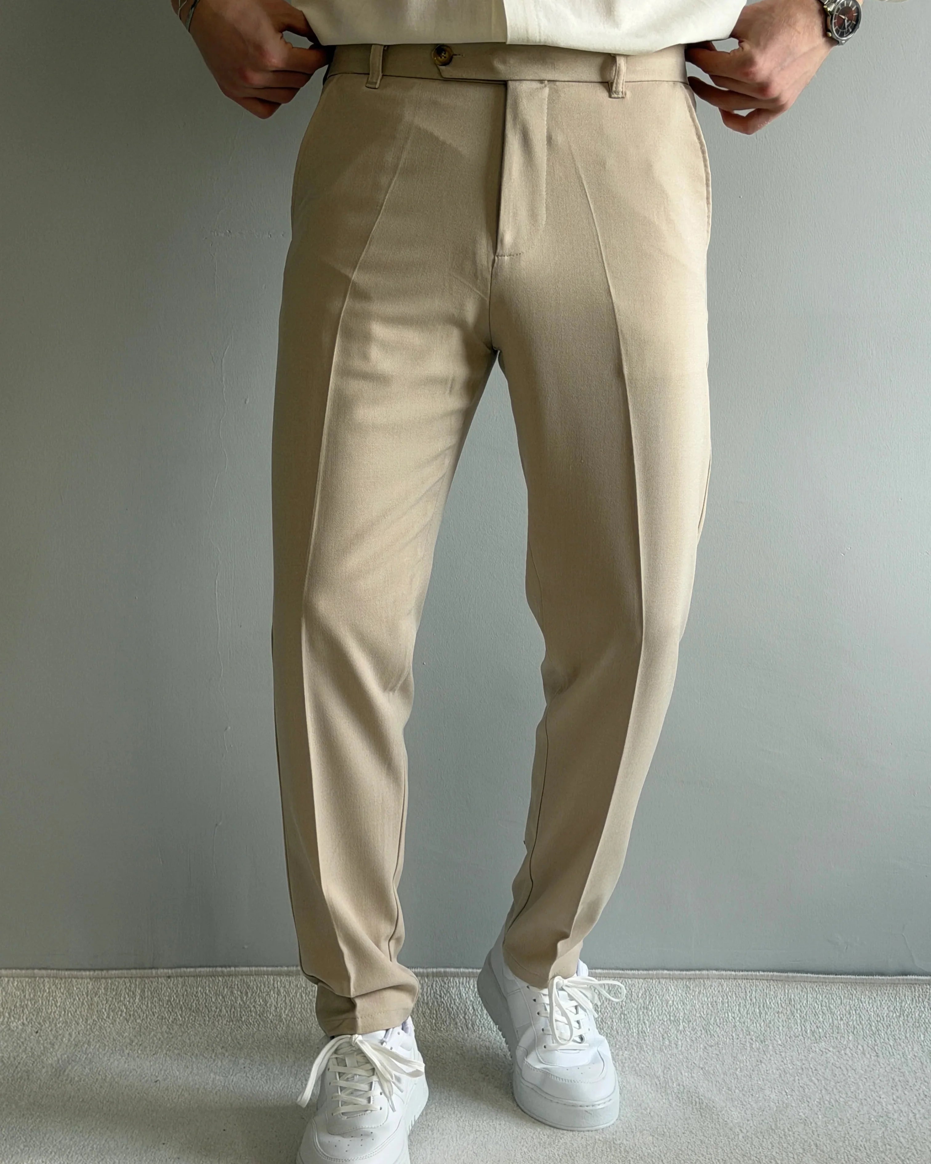Classic Regular Kalıp Yazlık Gabardin Krem Kumaş Pantolon