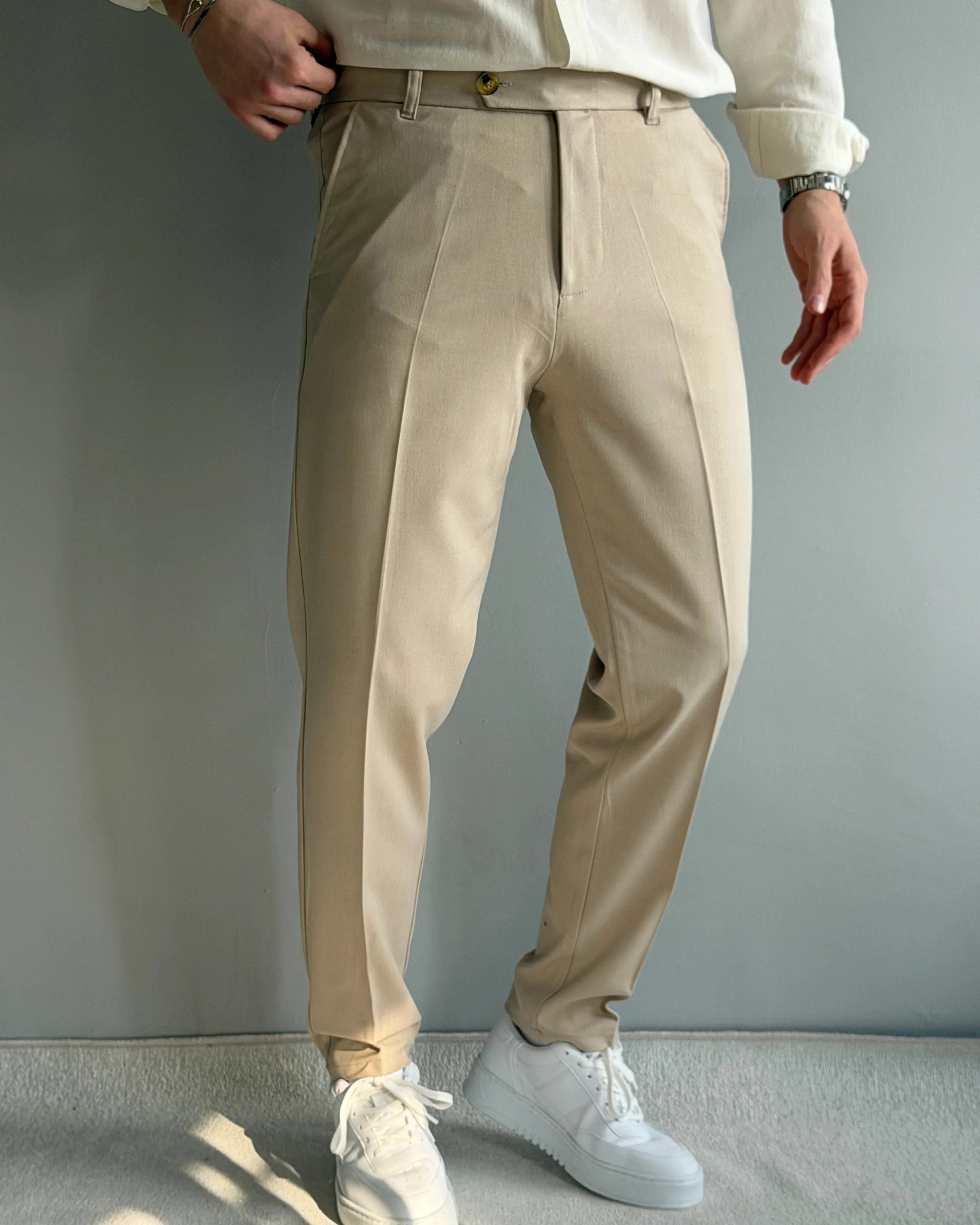 Classic Regular Kalıp Yazlık Gabardin Krem Kumaş Pantolon
